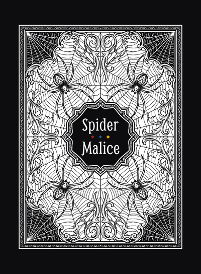 Engraved card back: webs, scrollwork, four spiders and the name in a black cartouche