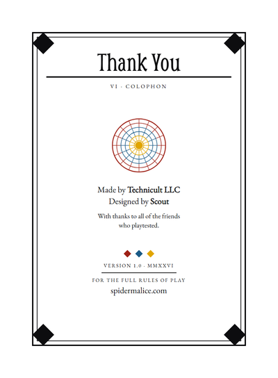 Rules card VI, colophon